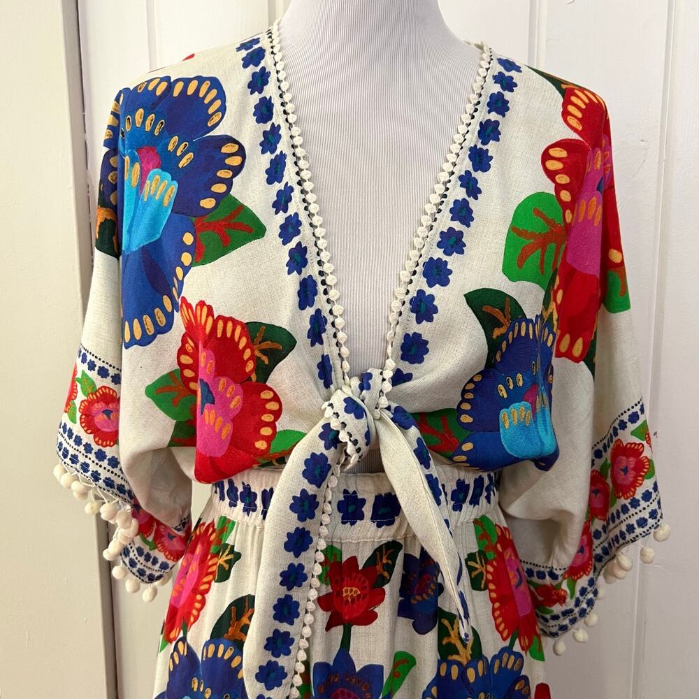 NEW Farm Rio Doce Flor Midi Dress M Floral Tie Front Linen Pom Pom - Picture 4 of 15